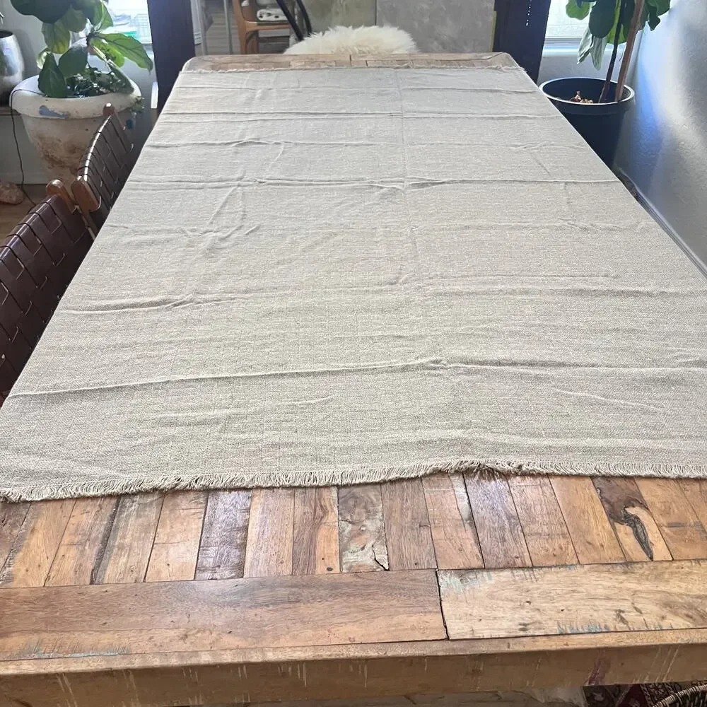 Textured Tablecloth 52 x 68 in Beige Fringed Linen Raw Natural Neutral Organic